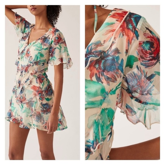 ANTHROPOLOGIE White Soft Floral Short Sleeve Ruffle Tie Back Mini Dress Medium - Picture 1 of 14